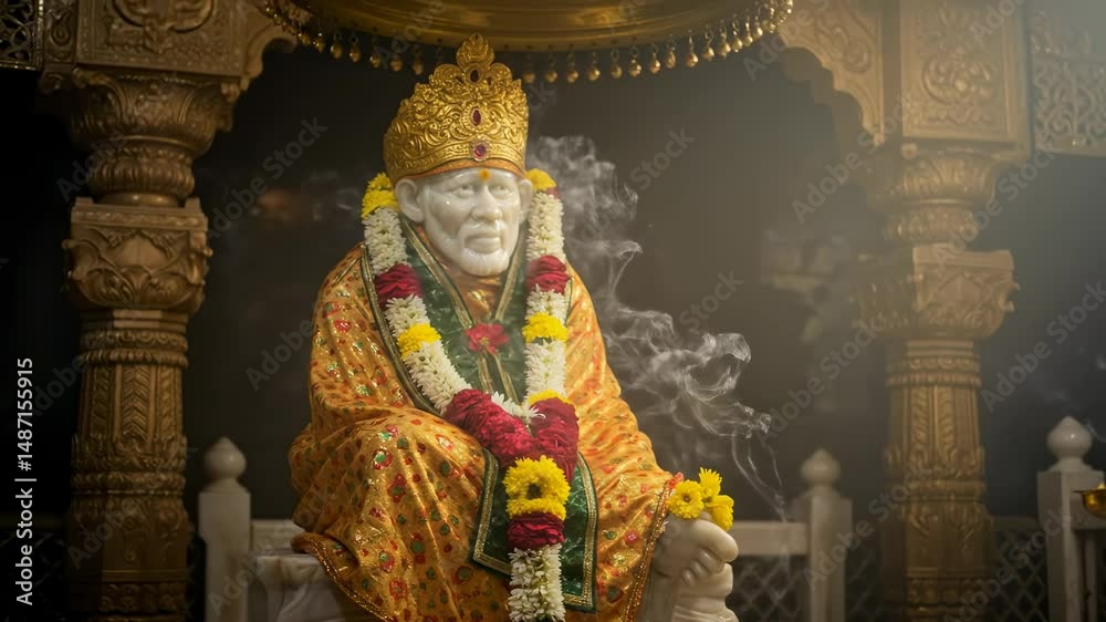 Serene statue of a sai baba adorned with flowers, surrounded by soft mist in a tranquil temple setting
