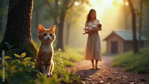 Serene early evening scene featuring a curious kitten and a woman in a tranquil park setting