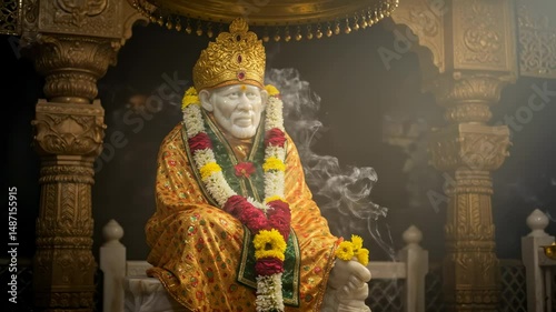 Serene statue of a sai baba adorned with flowers, surrounded by soft mist in a tranquil temple setting