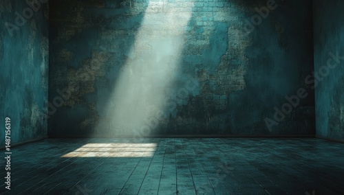 Empty, dimly lit room with teal walls and aged brick