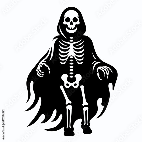 Skeleton in a ghost costume. Halloween Skull Bones Anatomy Skeletal Clipart Line Art Vector Illustration. Bony figure under spectral attire eerie apparel party idea autumn celebration.