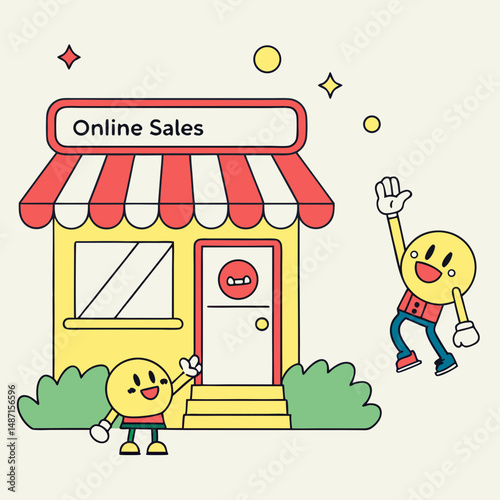 Cartoon store front with waving mascots, online sale signs