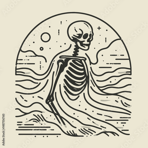 Skeleton in a ghostly fog. Halloween Skull Bones Anatomy Skeletal Clipart Line Art Vector Illustration. remains amidst phantom haze eerie apparition mystery macabre theme.