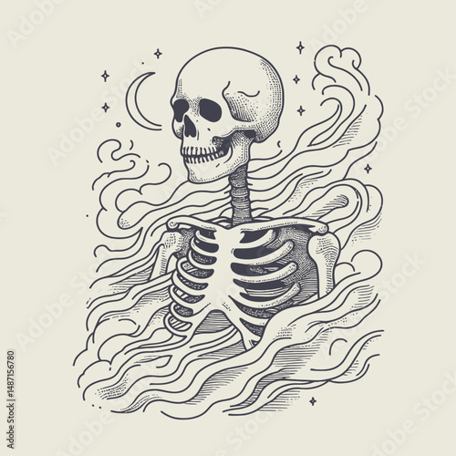 Skeleton in a ghostly fog. Halloween Skull Bones Anatomy Skeletal Clipart Line Art Vector Illustration. Bony frame within spectral mist phantasmic apparition spooky eerie phenomenon.