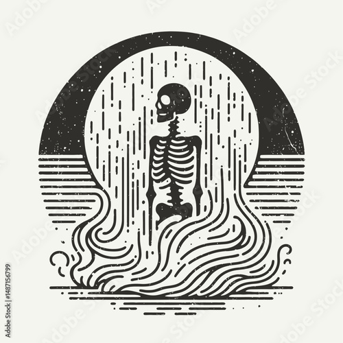 Skeleton in a ghostly fog. Halloween Skull Bones Anatomy Skeletal Clipart Line Art Vector Illustration. Bony remains emerge amid eerie mist spectral vapor phantom haze spooky night.