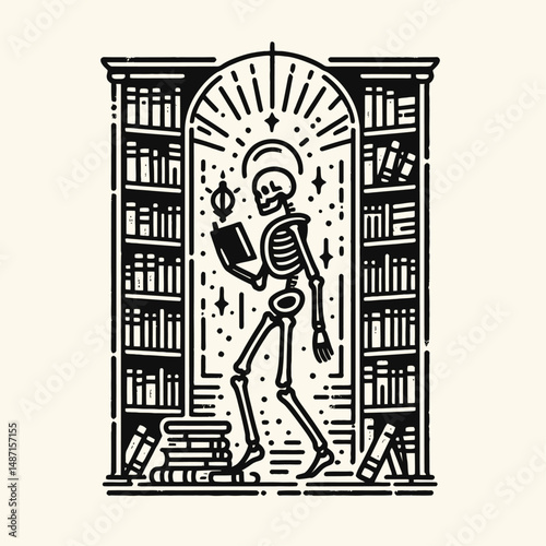 Skeleton in a haunted library. Halloween Skull Bones Anatomy Skeletal Clipart Line Art Vector Illustration. Bony frame amid spectral books inside eerie archive of chilling mystery.