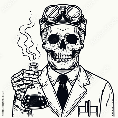 Skeleton in a mad scientist lab coat. Halloween Skull Bones Anatomy Skeletal Clipart Line Art Vector Illustration. Bony figure eccentric researcher garment experiment under scrutiny.