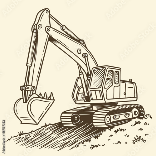 Hand-drawn excavator icon with sketchbook style and pencil shading