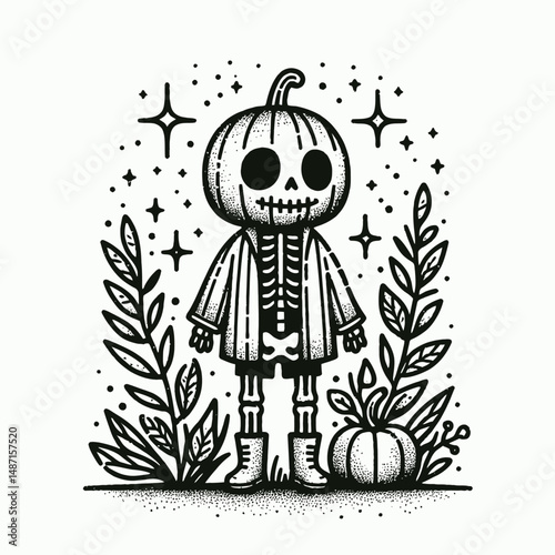 Skeleton in a pumpkin costume. Halloween Skull Bones Anatomy Skeletal Clipart Line Art Vector Illustration. Bony figure within gourd fancy-dress autumn festive trick-or-treat image.