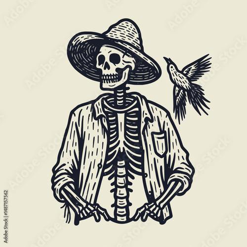 Skeleton in a scarecrow outfit. Halloween Skull Bones Anatomy Skeletal Clipart Line Art Vector Illustration. Bony figure donned rustic harvester apparel creepy autumn decoration.