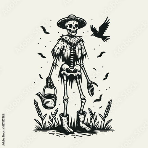 Skeleton in a scarecrow outfit. Halloween Skull Bones Anatomy Skeletal Clipart Line Art Vector Illustration. Bony figure rustic harvesting decoy attire for fall fun decoration.