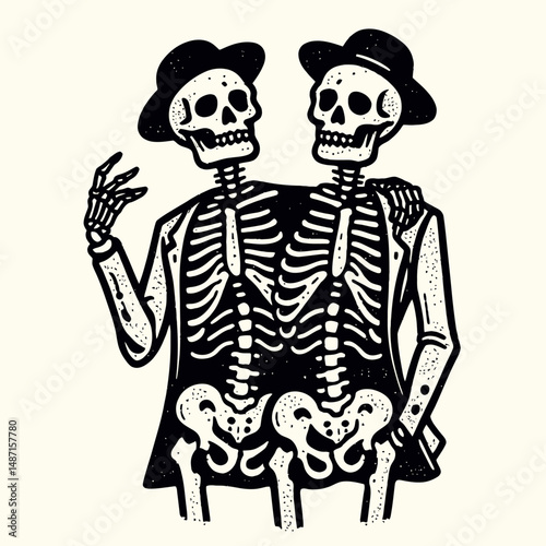 Skeleton in a costume (double skeleton). Halloween Skull Bones Anatomy Skeletal Clipart Line Art Vector Illustration. Bony figure donned attire bone theme eerie spooky frame guise.