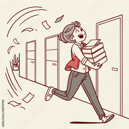Excited intern running late holding flying office documents