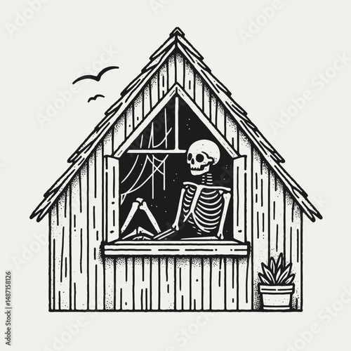Skeleton in a spooky attic. Halloween Skull Bones Anatomy Skeletal Clipart Line Art Vector Illustration. Bony figure within terrifying garret macabre home creepy lodging.