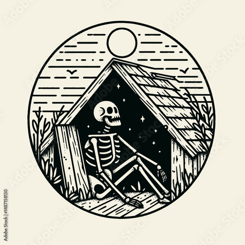 Skeleton in a spooky attic. Halloween Skull Bones Anatomy Skeletal Clipart Line Art Vector Illustration. Bony remain chilling garret creepy abode of fright and peril.