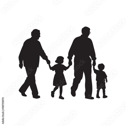Grandparents Walking with Grandchildren Silhouette – Black Vector Clipart on White Background