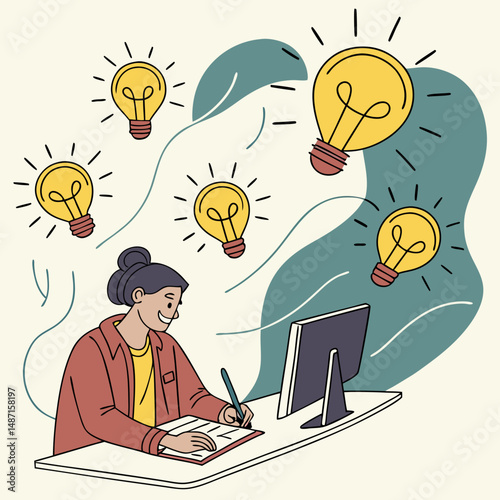 Creative designer brainstorming ideas with floating lightbulb heads
