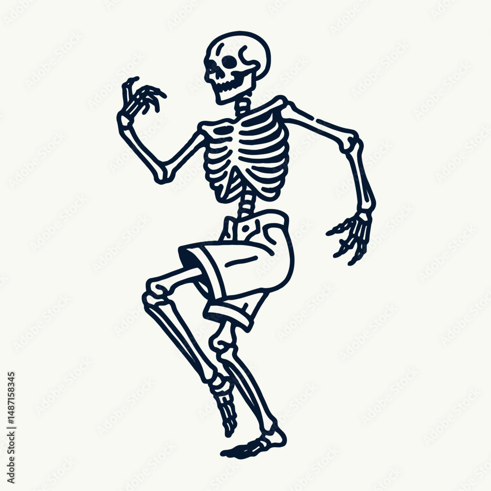 Obraz premium Skeleton in a spooky dance pose. Halloween Skull Bones Anatomy Skeletal Clipart Line Art Vector Illustration. Boney figure frightening rhythmic movement ghostly eerie idea.