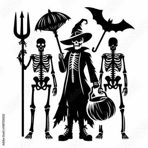 Skeleton in a spooky costume parade. Halloween Skull Bones Anatomy Skeletal Clipart Line Art Vector Illustration. Bony figure at frightening disguise procession chilling jamboree.