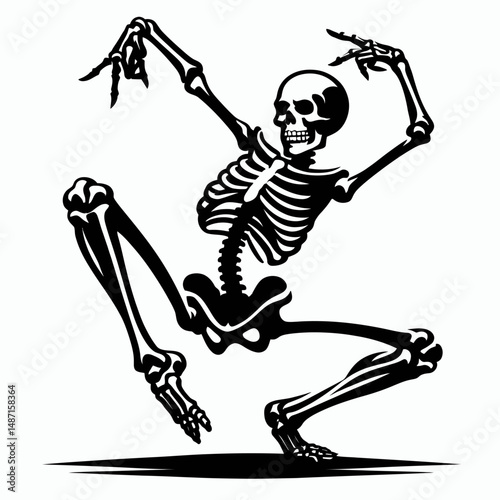 Skeleton in a spooky dance pose. Halloween Skull Bones Anatomy Skeletal Clipart Line Art Vector Illustration. Bony figure frightful jig stance haunting autumn celebration theme.