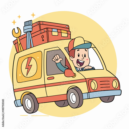 Cartoon electrician van with tools, happy character driving icon