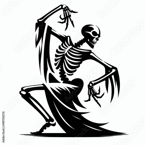 Skeleton in a spooky dance pose. Halloween Skull Bones Anatomy Skeletal Clipart Line Art Vector Illustration. Boney figure eerie rhythmic movement chilling concept for greeting card.