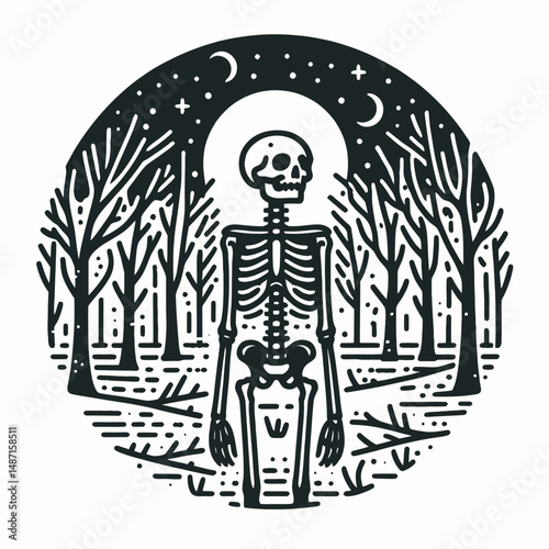 Skeleton in a spooky forest. Halloween Skull Bones Anatomy Skeletal Clipart Line Art Vector Illustration. Bony frame amidst terrifying wood at night frightful scene woodland horror.