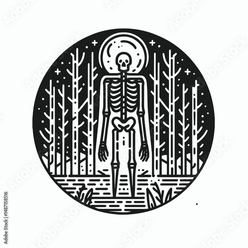 Skeleton in a spooky forest. Halloween Skull Bones Anatomy Skeletal Clipart Line Art Vector Illustration. Bony figure amid chilling woodland scene eerie autumn ambiance frightening nature.