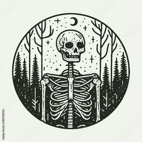 Skeleton in a spooky forest. Halloween Skull Bones Anatomy Skeletal Clipart Line Art Vector Illustration. Bony remains amid eerie timberland chilling fantasy dark woods.
