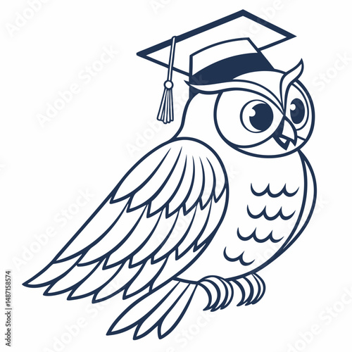 Minimalist owl icon wearing graduation cap, clean line style