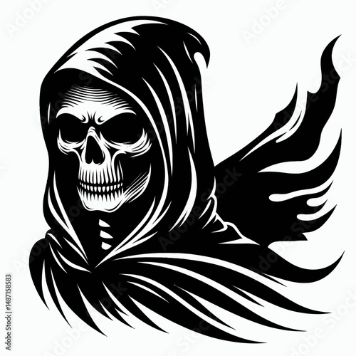 Skeleton in a spooky mask and cape. Halloween Skull Bones Anatomy Skeletal Clipart Line Art Vector Illustration. Bony figure wearing frightening disguise flowing garment for october event.