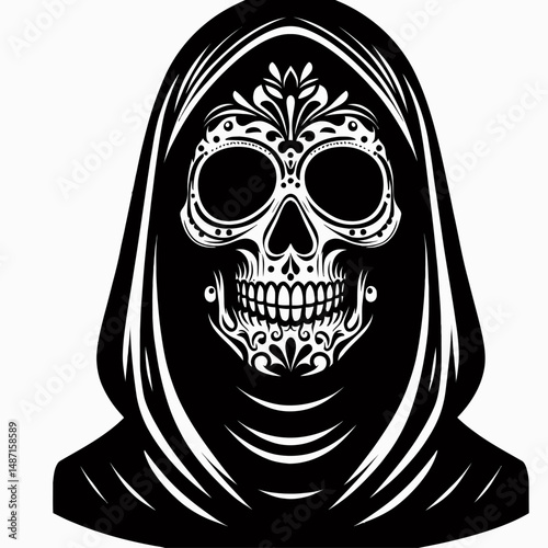 Skeleton in a spooky mask and cape. Halloween Skull Bones Anatomy Skeletal Clipart Line Art Vector Illustration. Bony figure an eerie disguise cloak frightening apparition.
