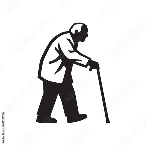 Old Man with Cane Silhouette Vector Clipart – Black Design on White Background