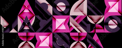 Abstract geometric composition. Pink, purple shapes overlap, creating dynamic visual texture. Modern design, bold contrasts present.