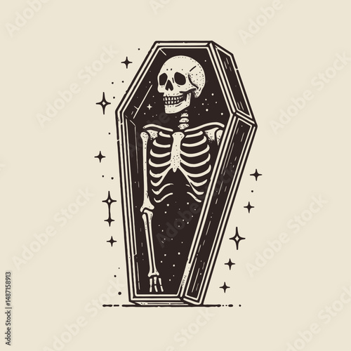 Skeleton in a vampire coffin. Halloween Skull Bones Anatomy Skeletal Clipart Line Art Vector Illustration. Bony frame within undead beings burial box gothic horror relic theme.