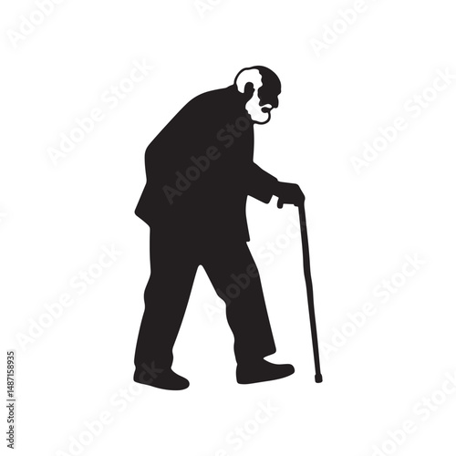 Old Man with Cane Silhouette Vector Clipart – Black Design on White Background
