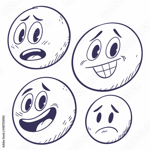 Hand-drawn sketch emoticons with expressive strokes and imperfect charm