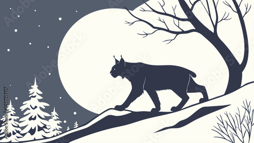 Lynx silhouette stalking through moonlit snow, glowing eyes