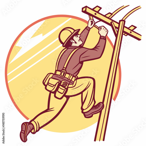 Electrician character climbing pole, dynamic pose, cartoon vector icon