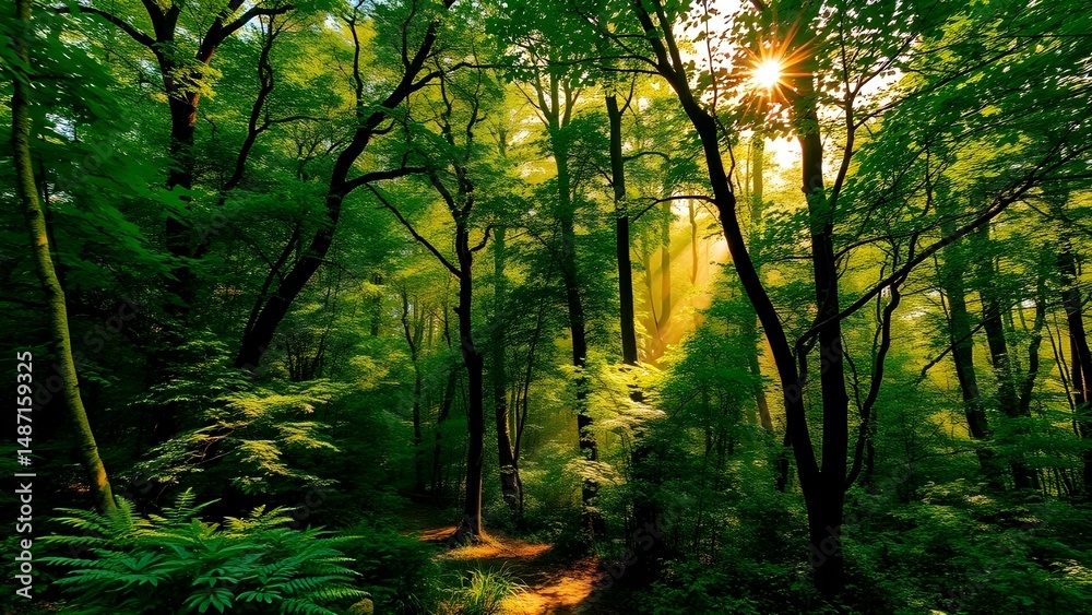 Obraz premium Sunlight Streaming Through a Natural Forest in a Peaceful Outdoor Landscape