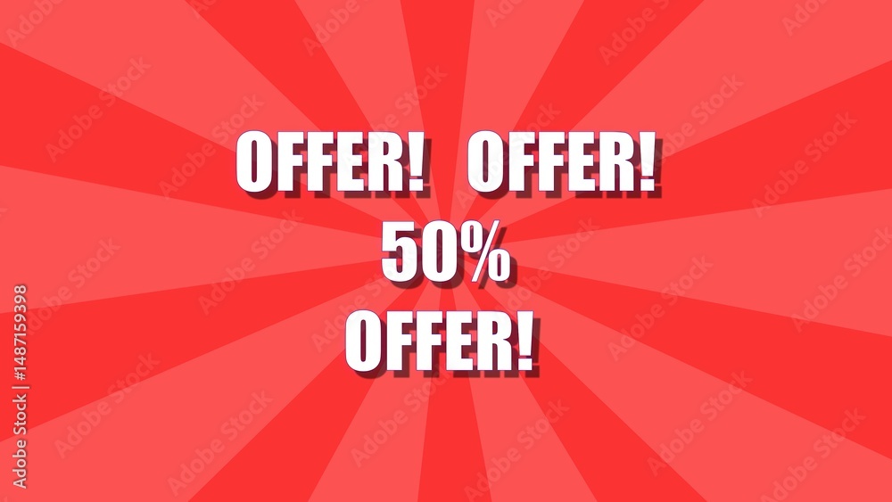 Fototapeta premium Dynamic and eye-catching promotional graphic advertising a special offer with a 50% discount on a vibrant red background.