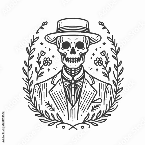 Skeleton in a Victorian suit. Halloween Skull Bones Anatomy Skeletal Clipart Line Art Vector Illustration. Bony gentleman formal attire macabre fashion of prior epoch.