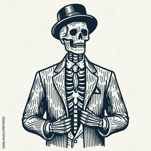 Skeleton in a Victorian suit. Halloween Skull Bones Anatomy Skeletal Clipart Line Art Vector Illustration. Bony figure old-fashioned formal wear macabre style concept.