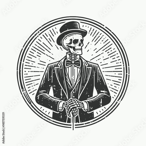 Skeleton in a Victorian suit. Halloween Skull Bones Anatomy Skeletal Clipart Line Art Vector Illustration. Bony form wearing old-fashioned formal attire gothic macabre antique vogue.