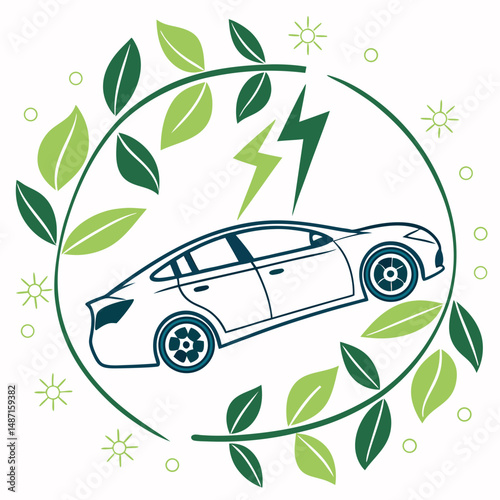 Eco-friendly electric vehicle icon surrounded by green energy symbols
