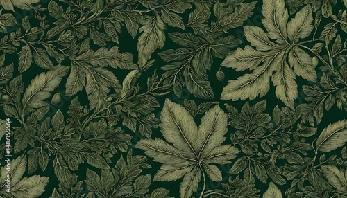Intricate botanical pattern features olive green foliage on a deep emerald ground, evoking elegance.