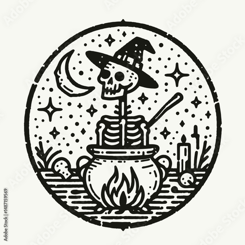 Skeleton in a witchs lair. Halloween Skull Bones Anatomy Skeletal Clipart Line Art Vector Illustration. Bony remains at sorceresss den an eerie bewitched haunt location.