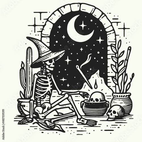 Skeleton in a witchs lair. Halloween Skull Bones Anatomy Skeletal Clipart Line Art Vector Illustration. Bony figure sorceresss den macabre fantasy theme.