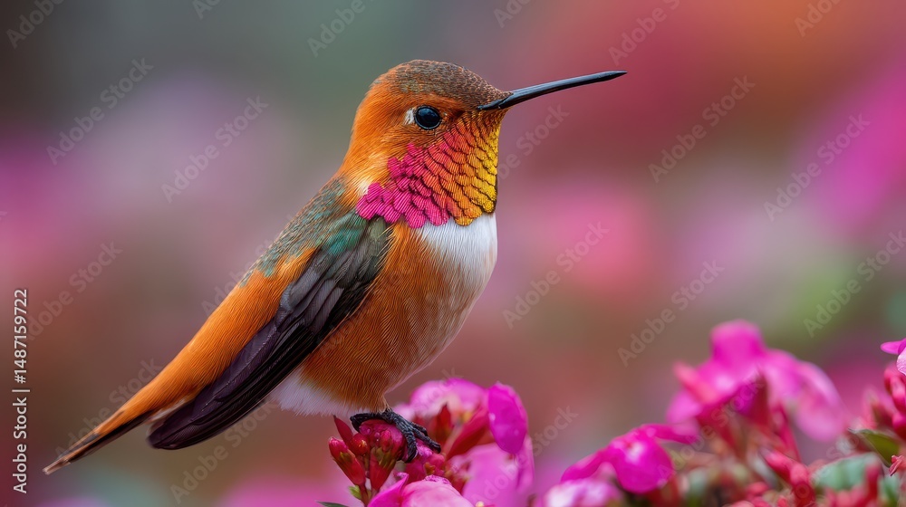 Fototapeta premium Vibrant Hummingbird Perched on Blooming Pink Flowers with Stunning Iridescent Feathers and a Soft Focus Background in Nature