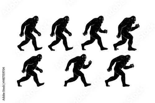 Silhouette illustration of Bigfoot in various walking poses.